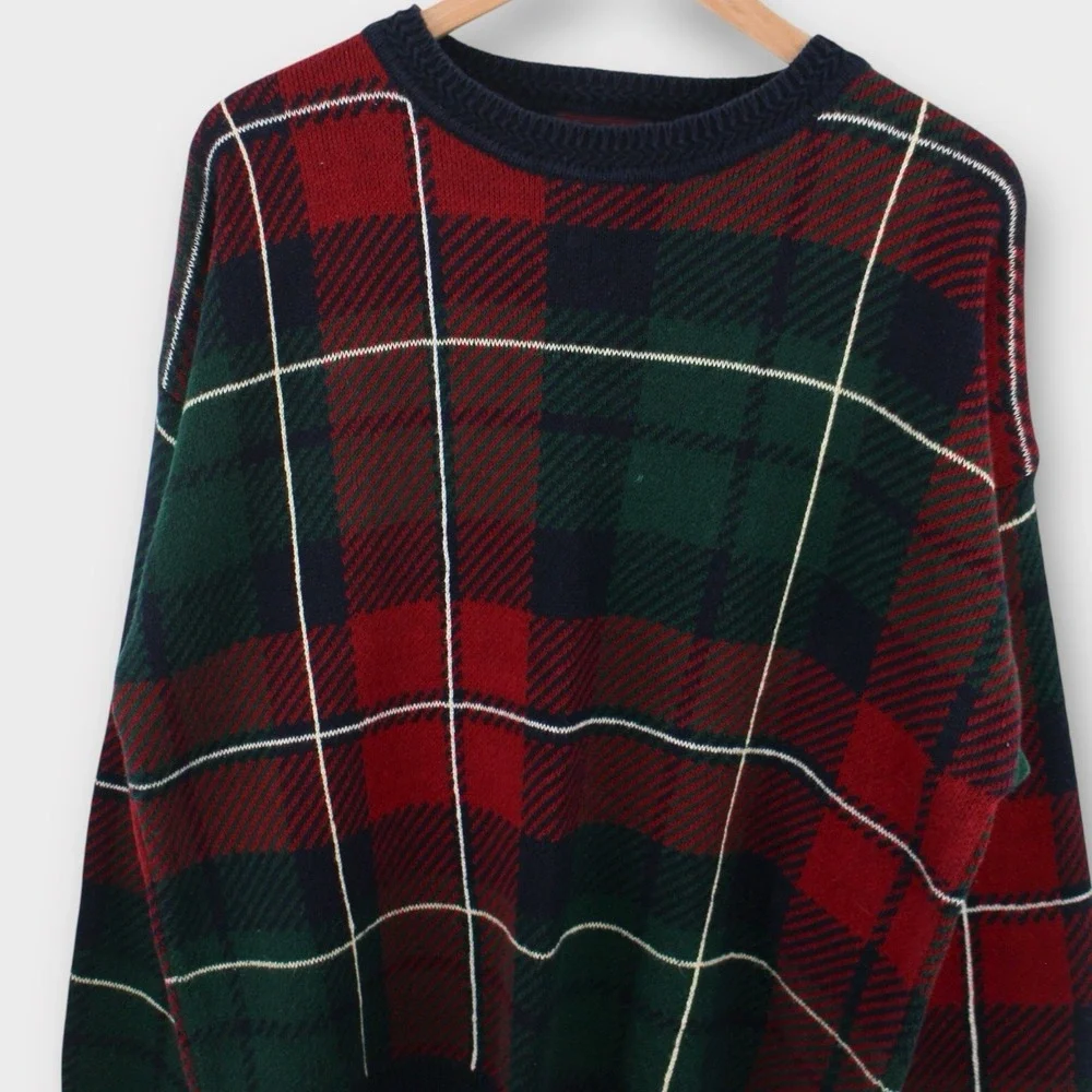 Vintage Plaid Sweater Mens L 90s Grunge Cotton Cabin Core Red Green Oversized